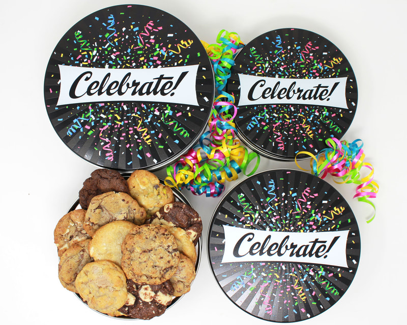 Felix & Norton Cookies - Celebrate! Tin, Black with rainbow confetti