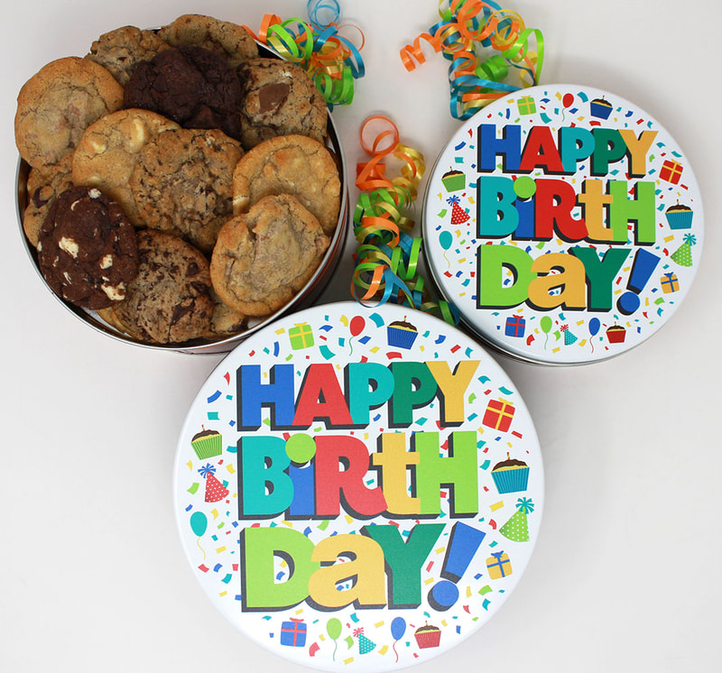 Felix & Norton Cookies - Happy Birthday! Tin.  White background with confetti, presents and birthday hats and large text that says "Happy Birthday!"